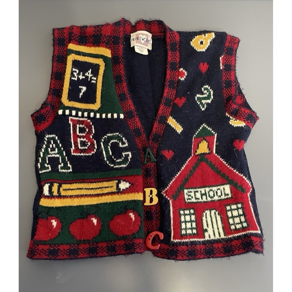 Vintage Heartworks School ABC Knit Vest Kids Size 7/8 Small Red Blue Button